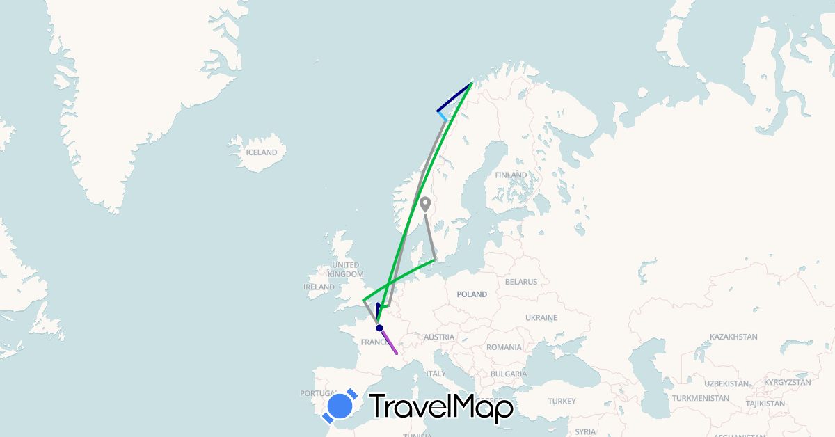 TravelMap itinerary: driving, bus, plane, train, boat in France, United Kingdom, Norway (Europe)